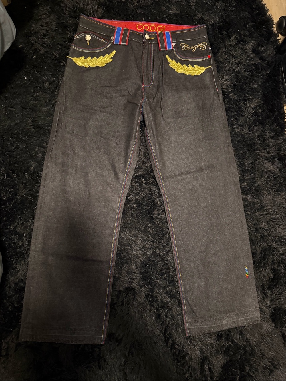 COOGI Black Jeans with Red Waistband and Yellow Embroidery